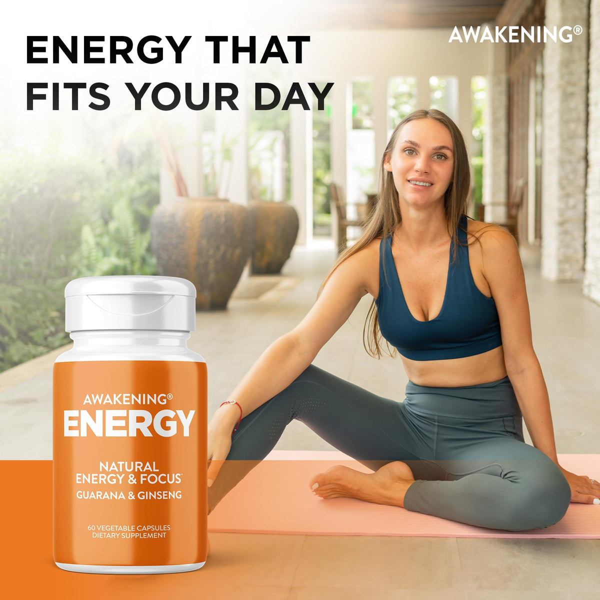 Natural Energy & Focus Supplement with Panax Ginseng, Guarana Extract & Chromium Picolinate, 60 Caps H9851