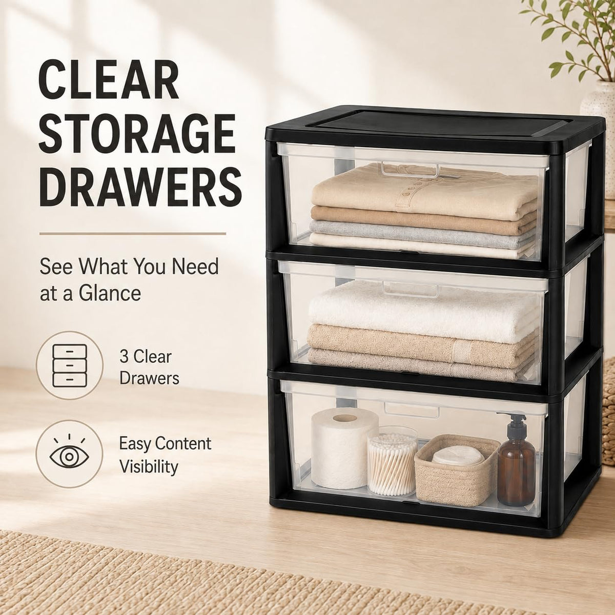 Plastic 3 Drawer Storage Tower with Clear Removable Bins X726913