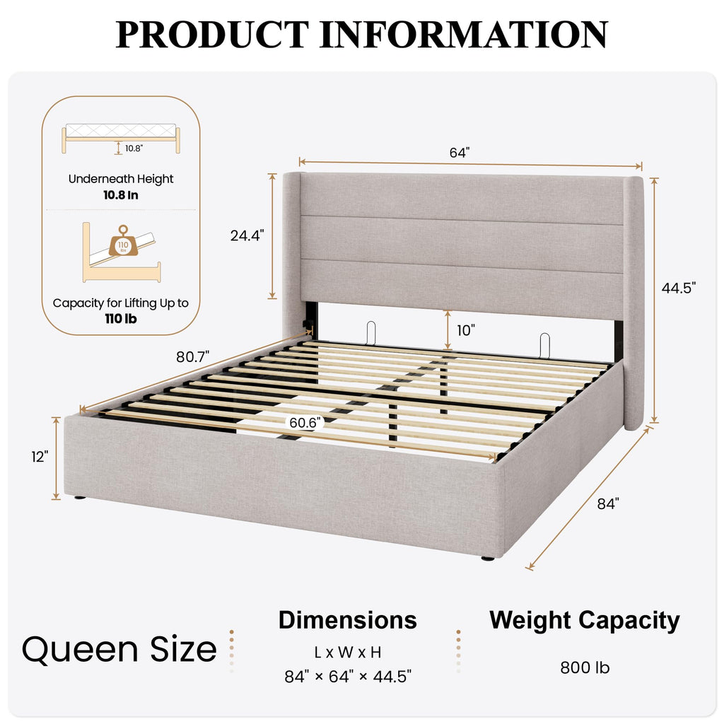 Queen Size Lift Up Hydraulic Storage Bed Frame Light Beige D216023