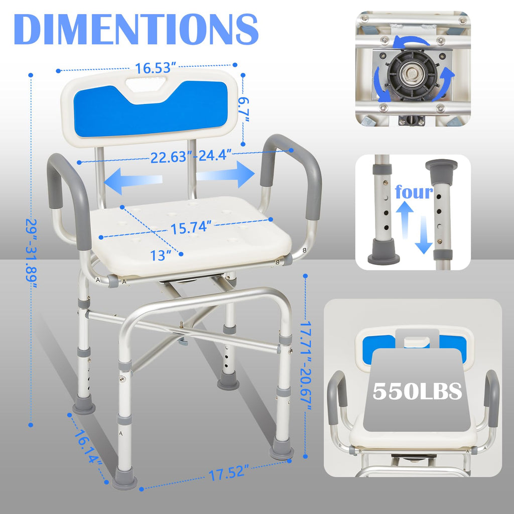 2-Level Width Adjustable 360° Heavy Duty Swivel Shower Chair with Arms and Back G693028