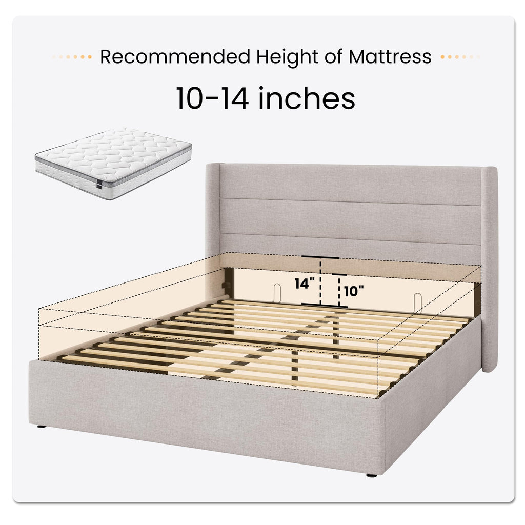 Queen Size Lift Up Hydraulic Storage Bed Frame Light Beige D216023