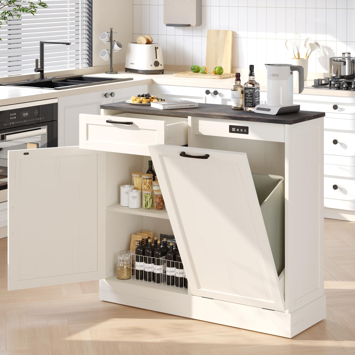 Off-White Tilt Out Trash Can Cabinet J74795