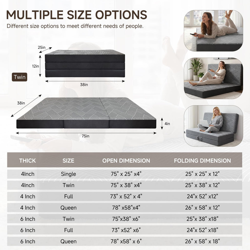 Memory Foam Tri Folding Mattress Twin Size 4 Inch K2632