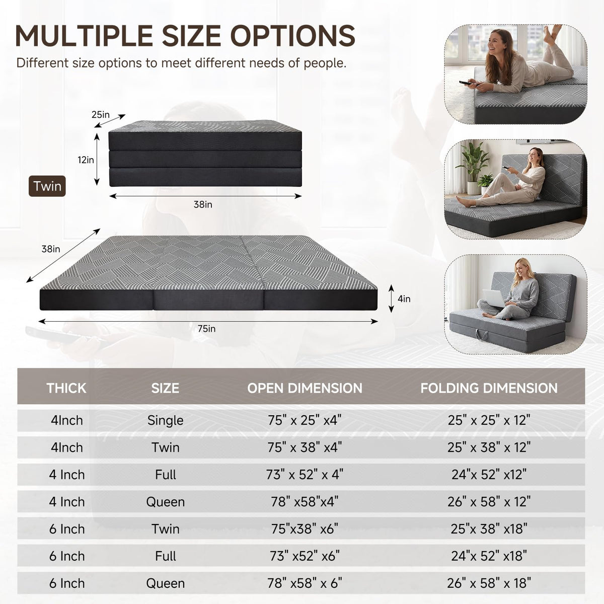 Memory Foam Tri Folding Mattress Twin Size 4 Inch K2632