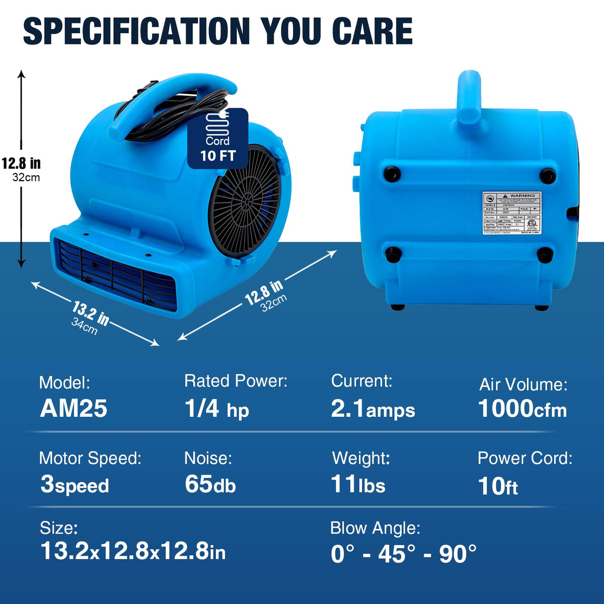 1/4hp 1000CFM 2 Speed Air Mover Floor Fan A69872