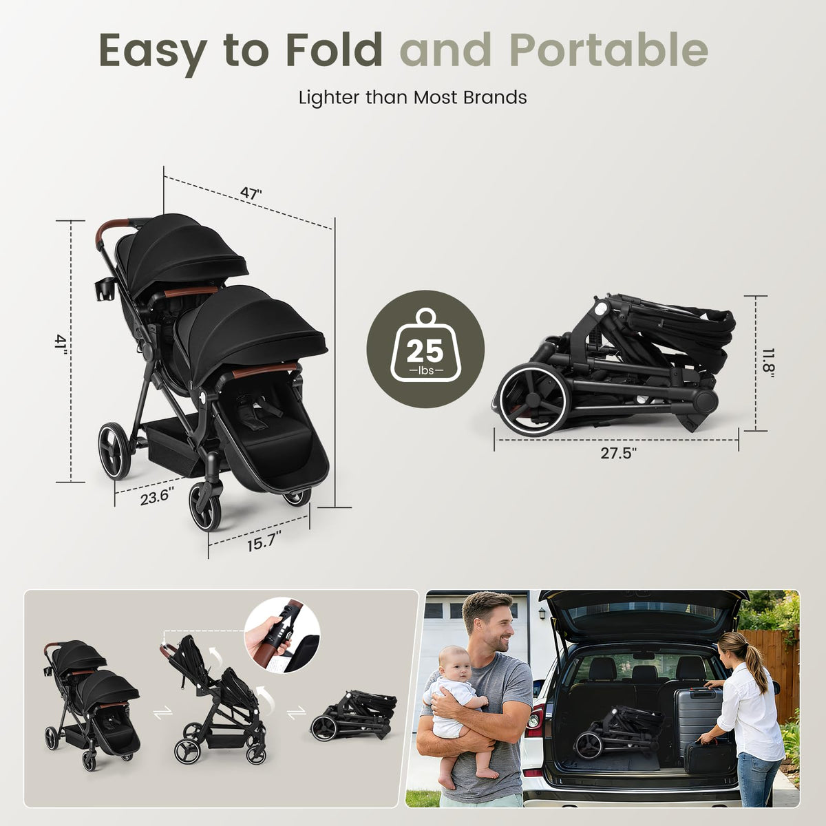 Foldable Tandem Double Stroller with Storage Basket J9398