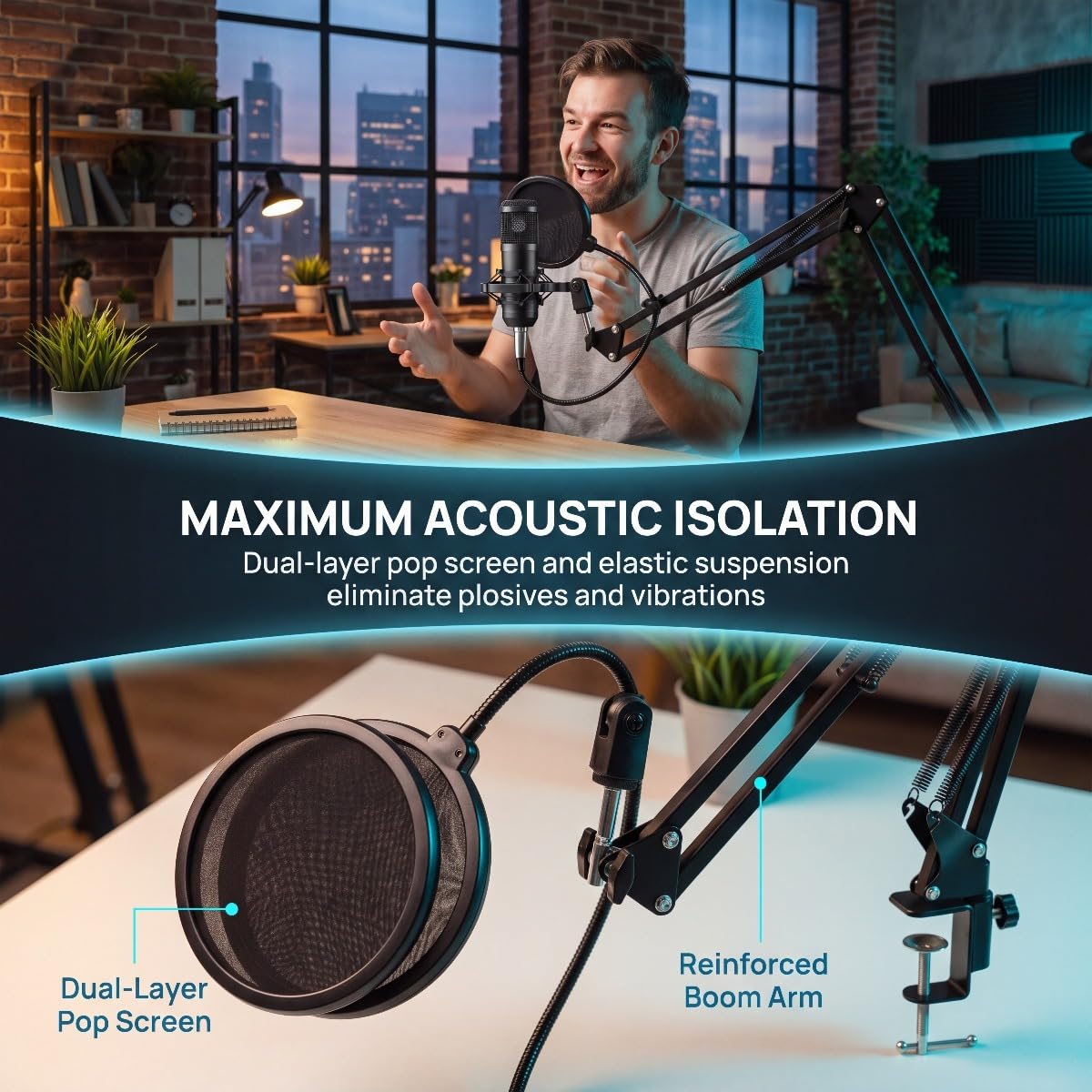 USB Condenser Microphone Kit with Boom Arm, Pop Filter, Shock Mount Y507866