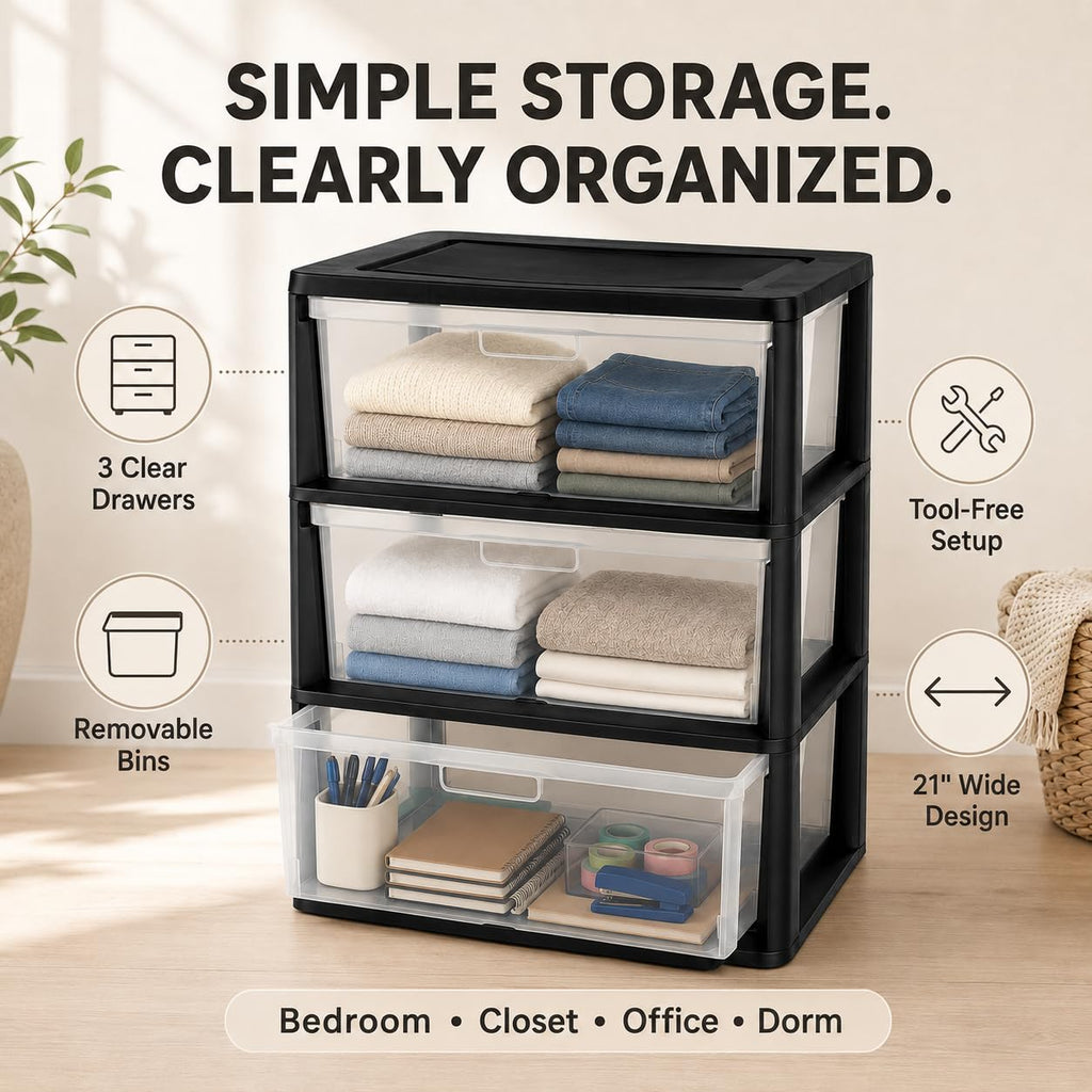 Plastic 3 Drawer Storage Tower with Clear Removable Bins X726913
