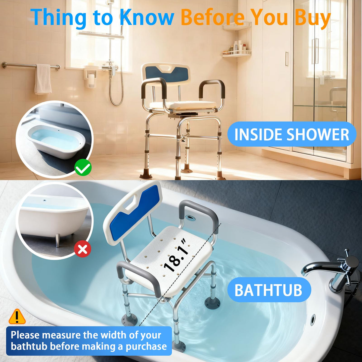 2-Level Width Adjustable 360° Heavy Duty Swivel Shower Chair with Arms and Back G693028