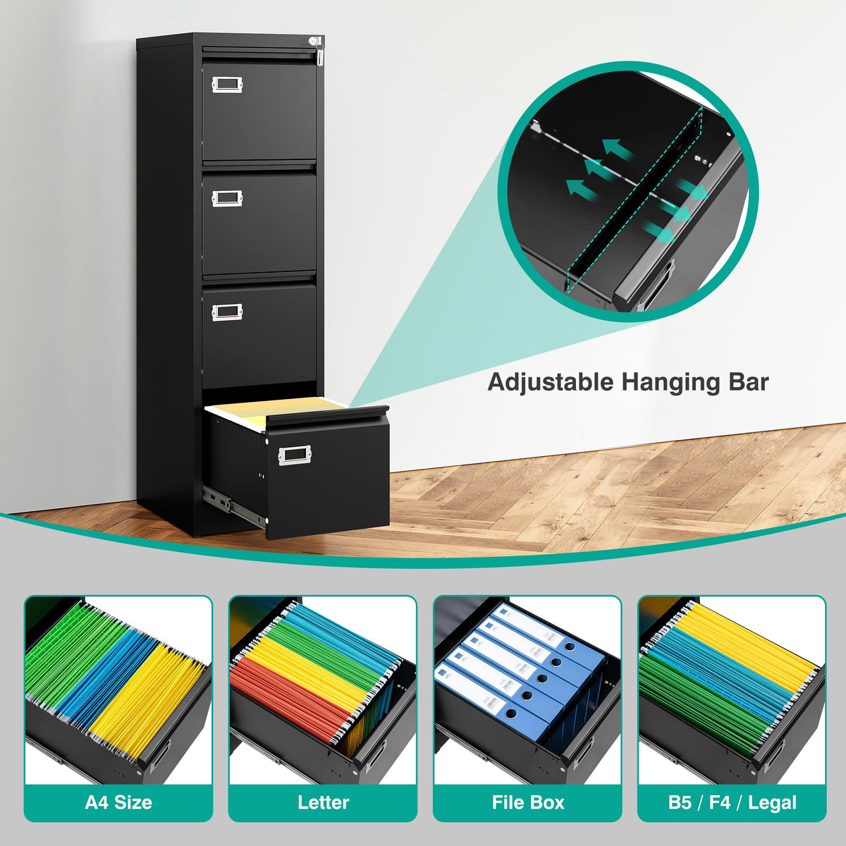 4 Drawer Black Metal File Cabinet with Lock O49986