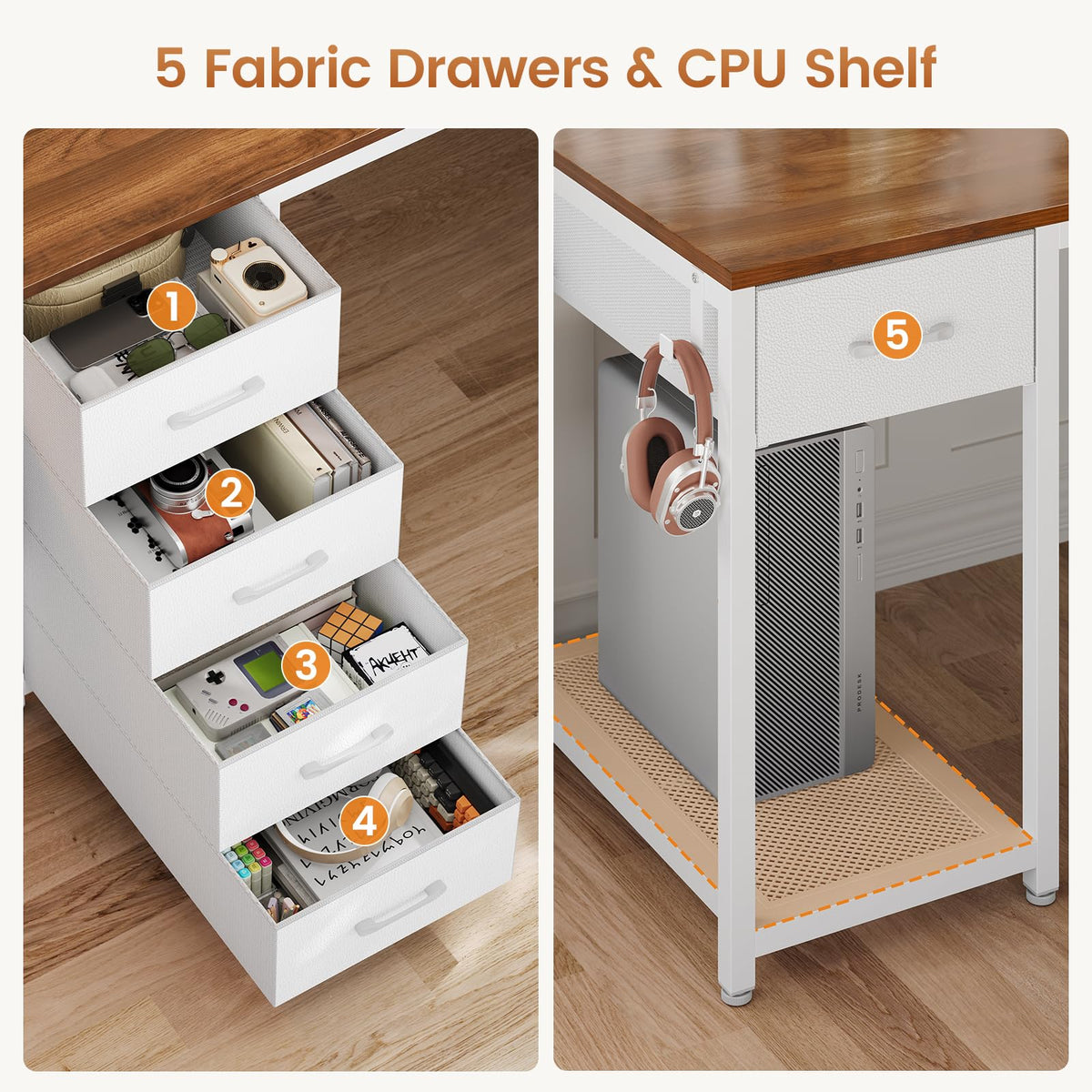 Brown White L Shaped Desk with 5 Drawers E854801