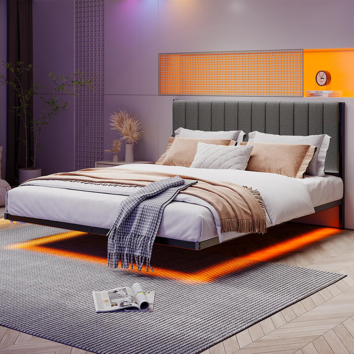 Full Size Metal Platform Bed Frame with LED Lights and Charging Port M62115