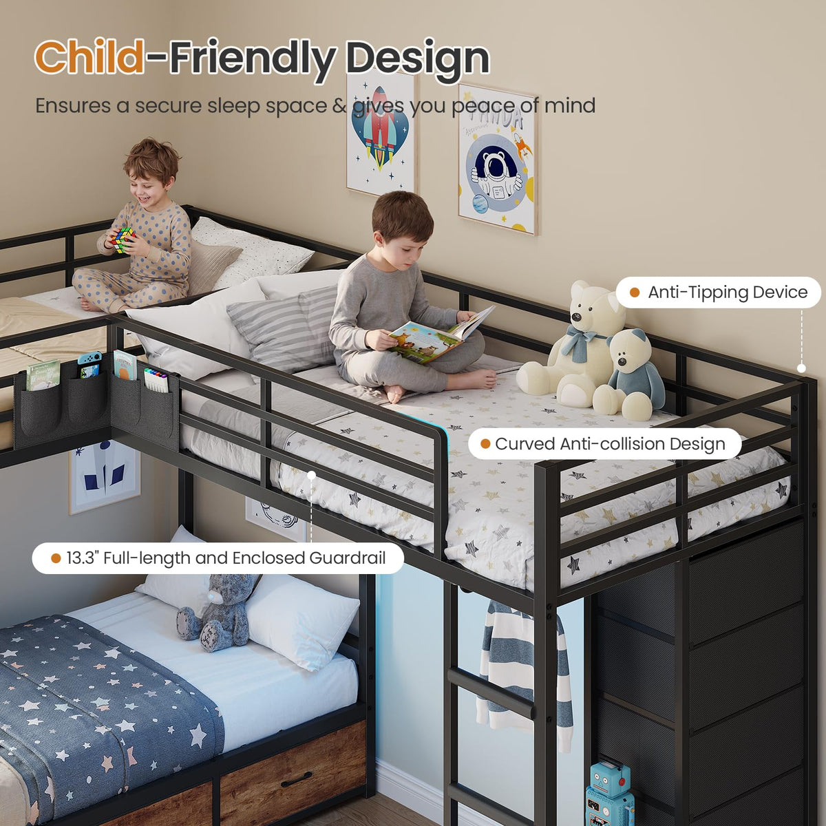 Black Twin Over Twin Triple Bunk Bed with 9 Storage Drawers J4331