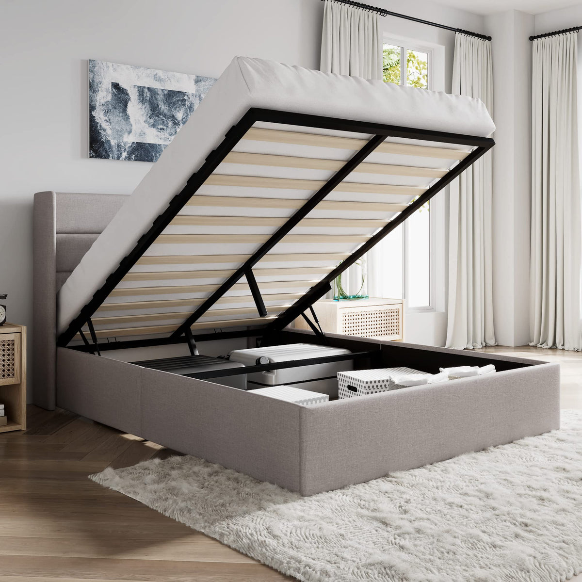 Queen Size Lift Up Hydraulic Storage Bed Frame Light Beige D216023