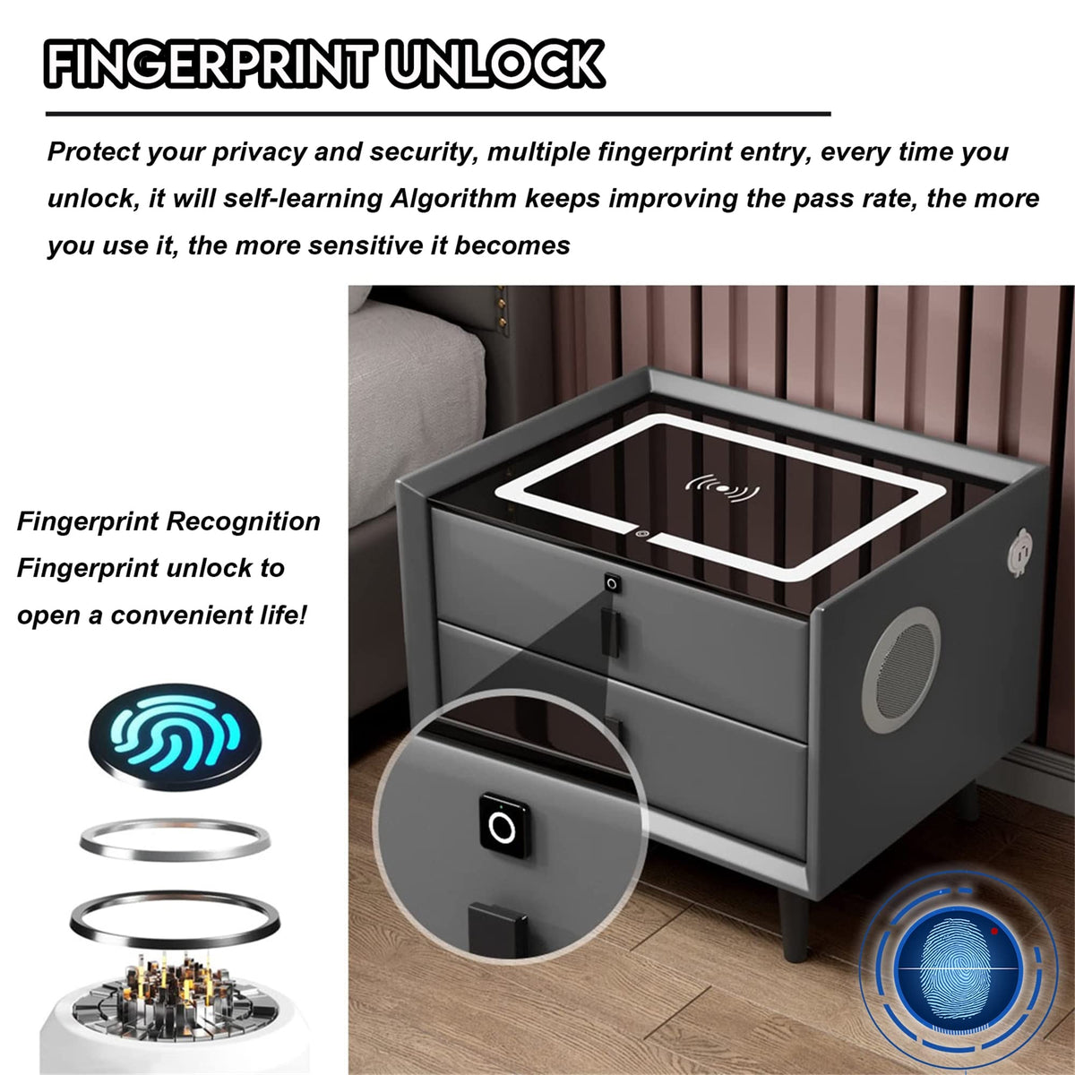 White 3 Drawer Bed End Table with Wireless Charging G1640