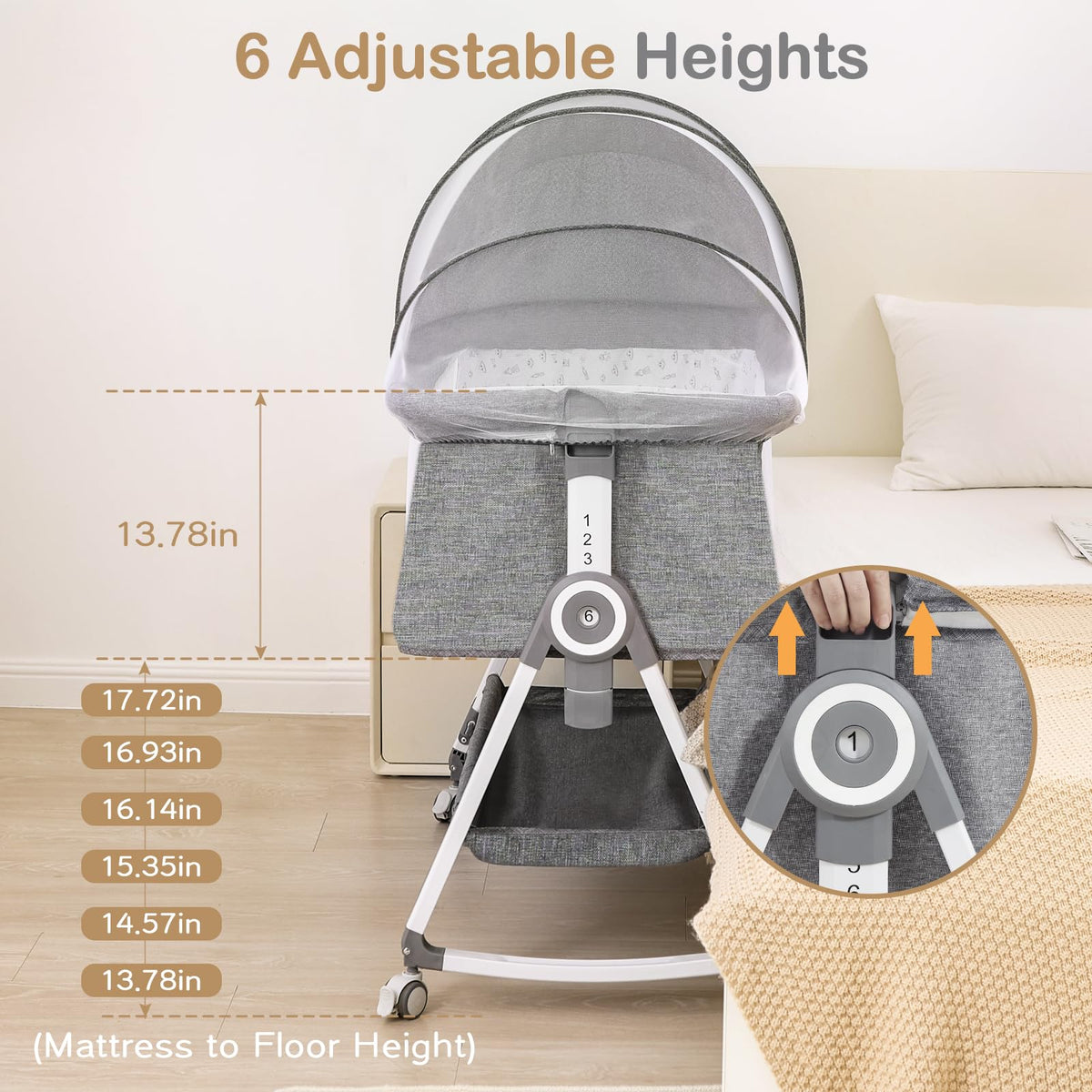 Portable Bedside Bassinet with Waterproof Mattress, Grey D877