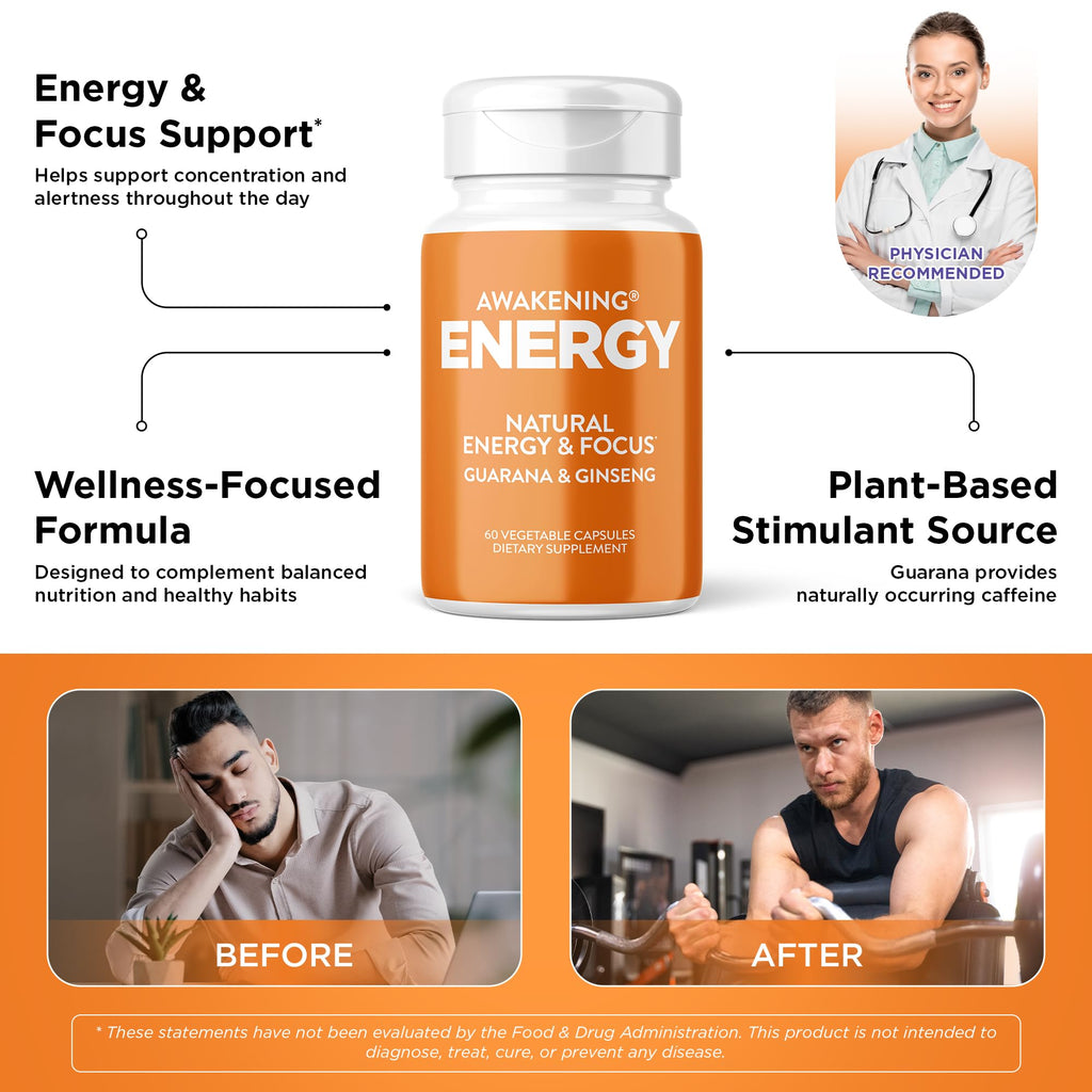 Natural Energy & Focus Supplement with Panax Ginseng, Guarana Extract & Chromium Picolinate, 60 Caps H9851