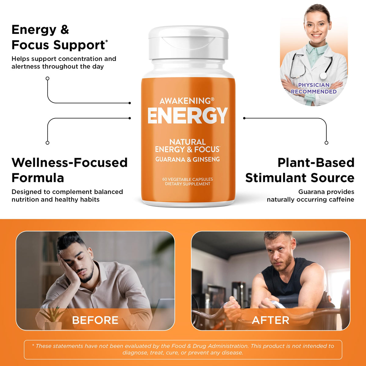 Natural Energy & Focus Supplement with Panax Ginseng, Guarana Extract & Chromium Picolinate, 60 Caps H9851