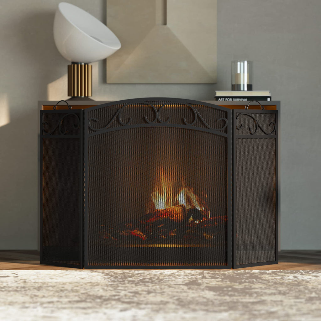 Black 3 Panel Wrought Iron Fireplace Screen B6484