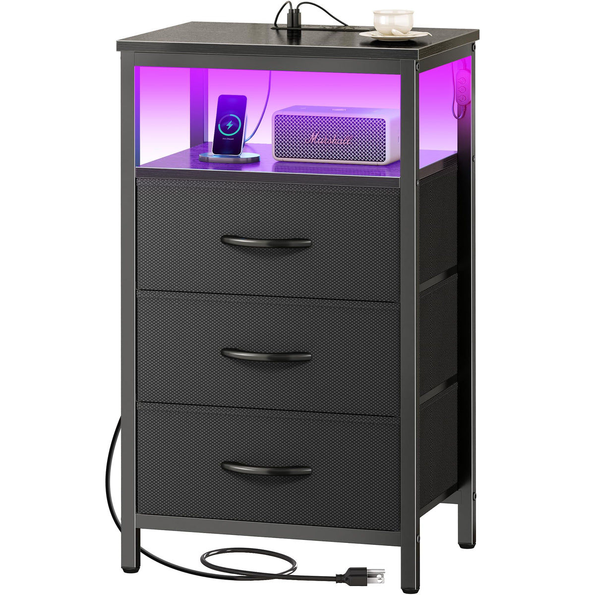 3 Drawer Nightstand with Charger Station and LED Lights S71986