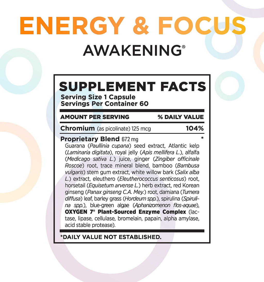 Natural Energy & Focus Supplement with Panax Ginseng, Guarana Extract & Chromium Picolinate, 60 Caps H9851