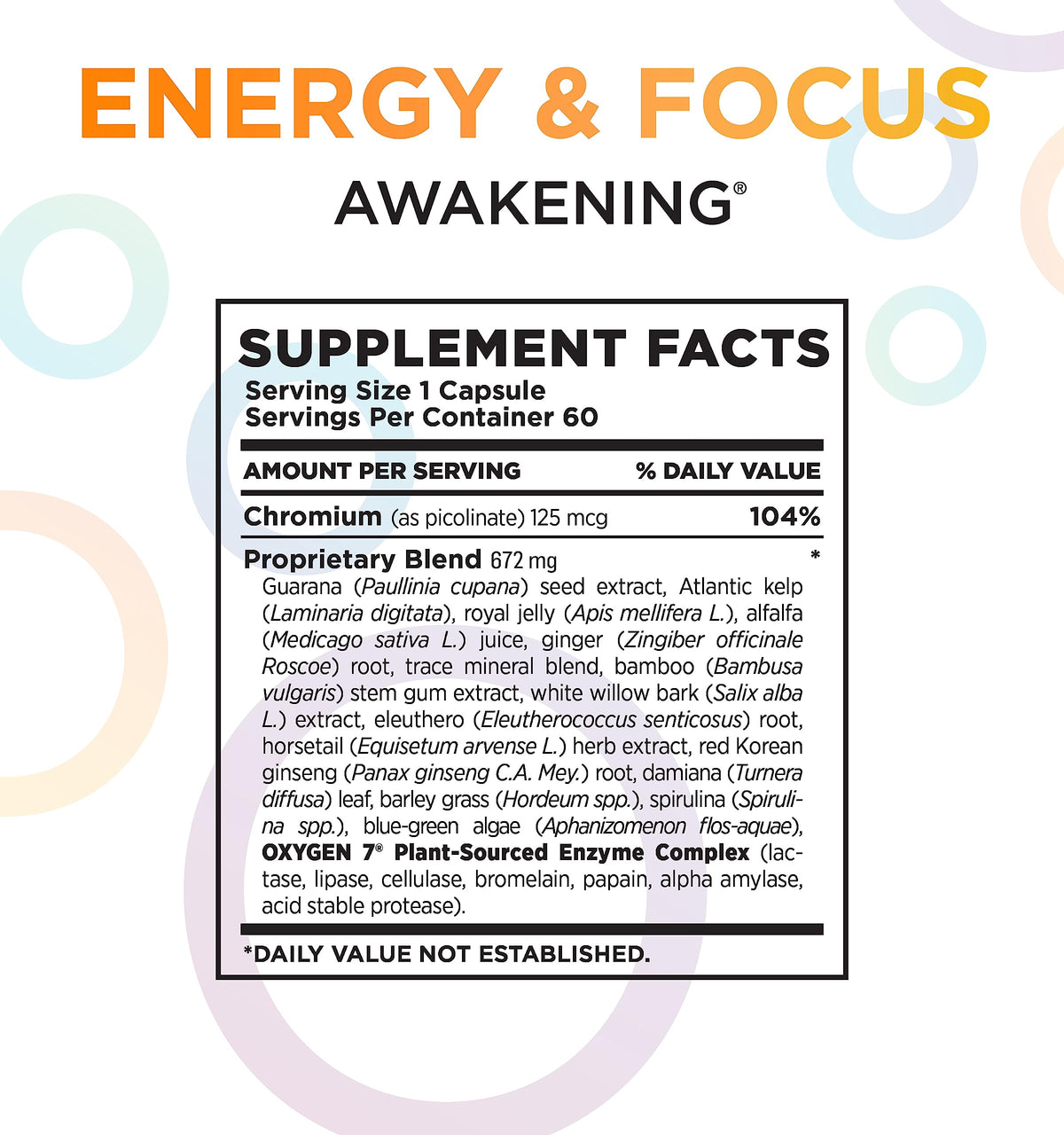 Natural Energy & Focus Supplement with Panax Ginseng, Guarana Extract & Chromium Picolinate, 60 Caps H9851