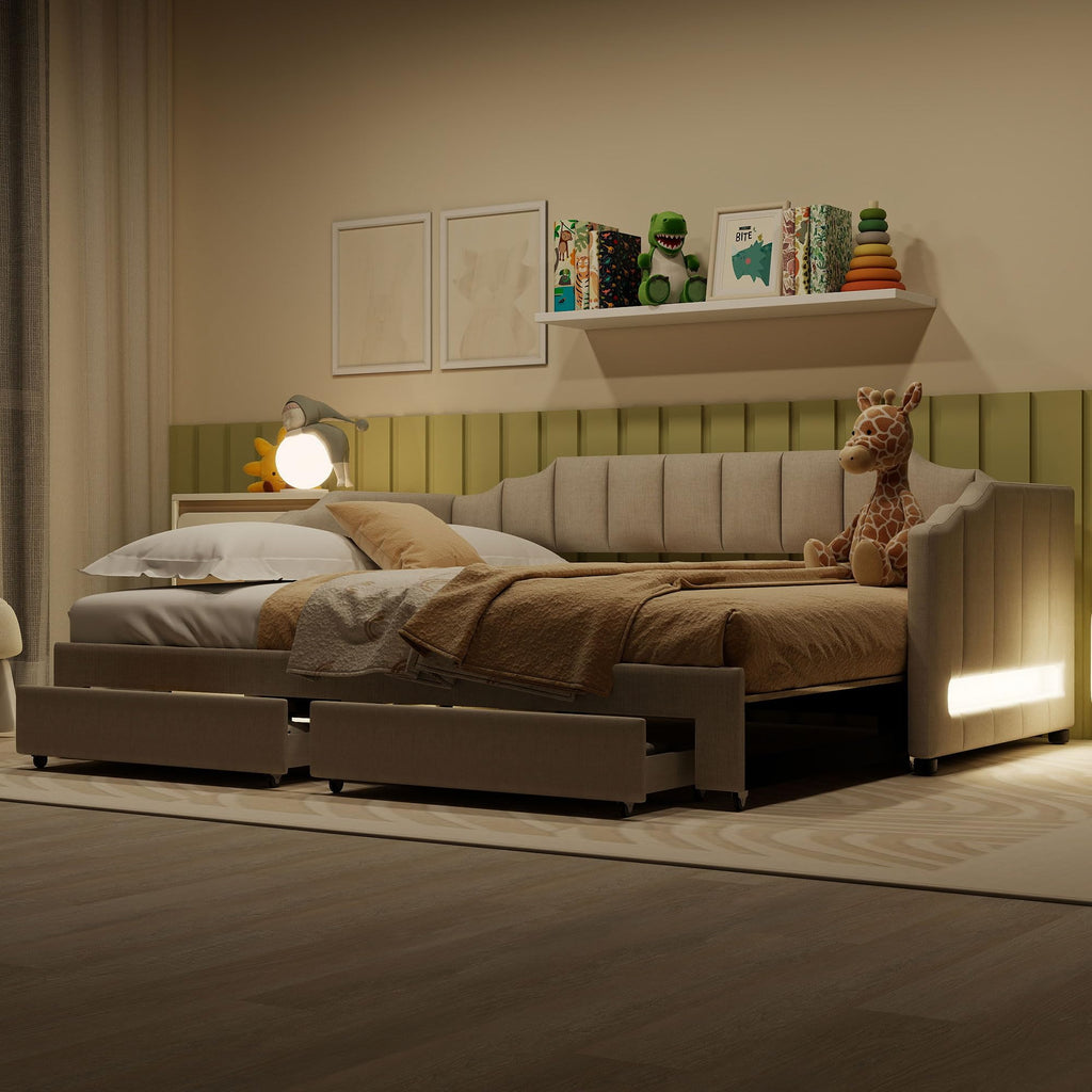 Twin XL to King Size Upholstered Daybed with Trundle and 2 Storage Drawers U59177