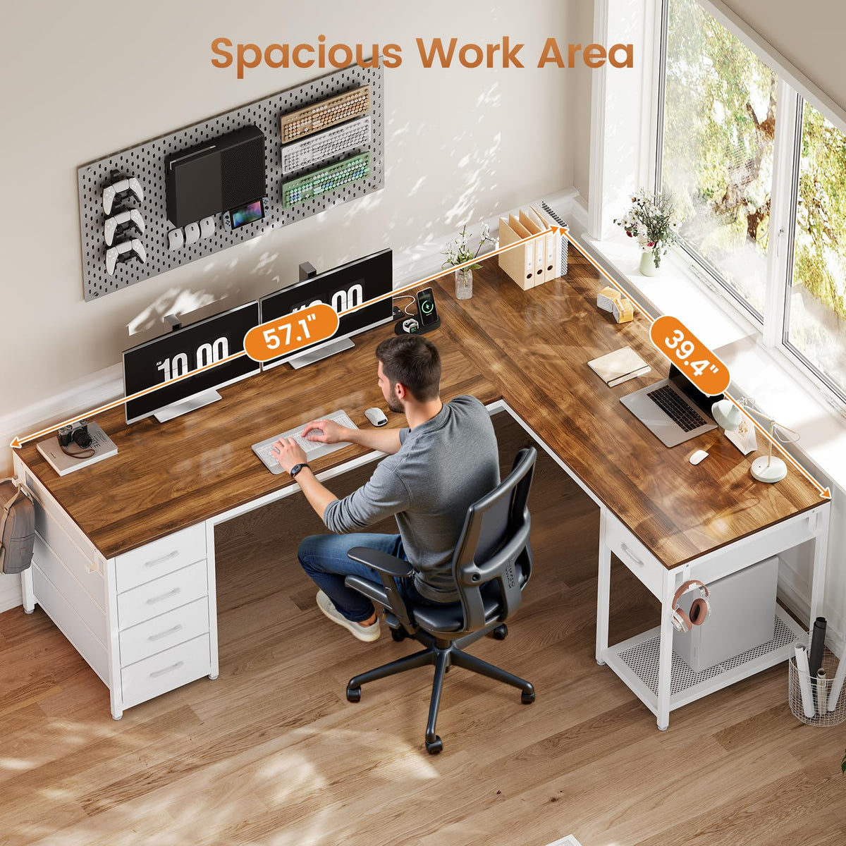 Brown White L Shaped Desk with 5 Drawers E854801