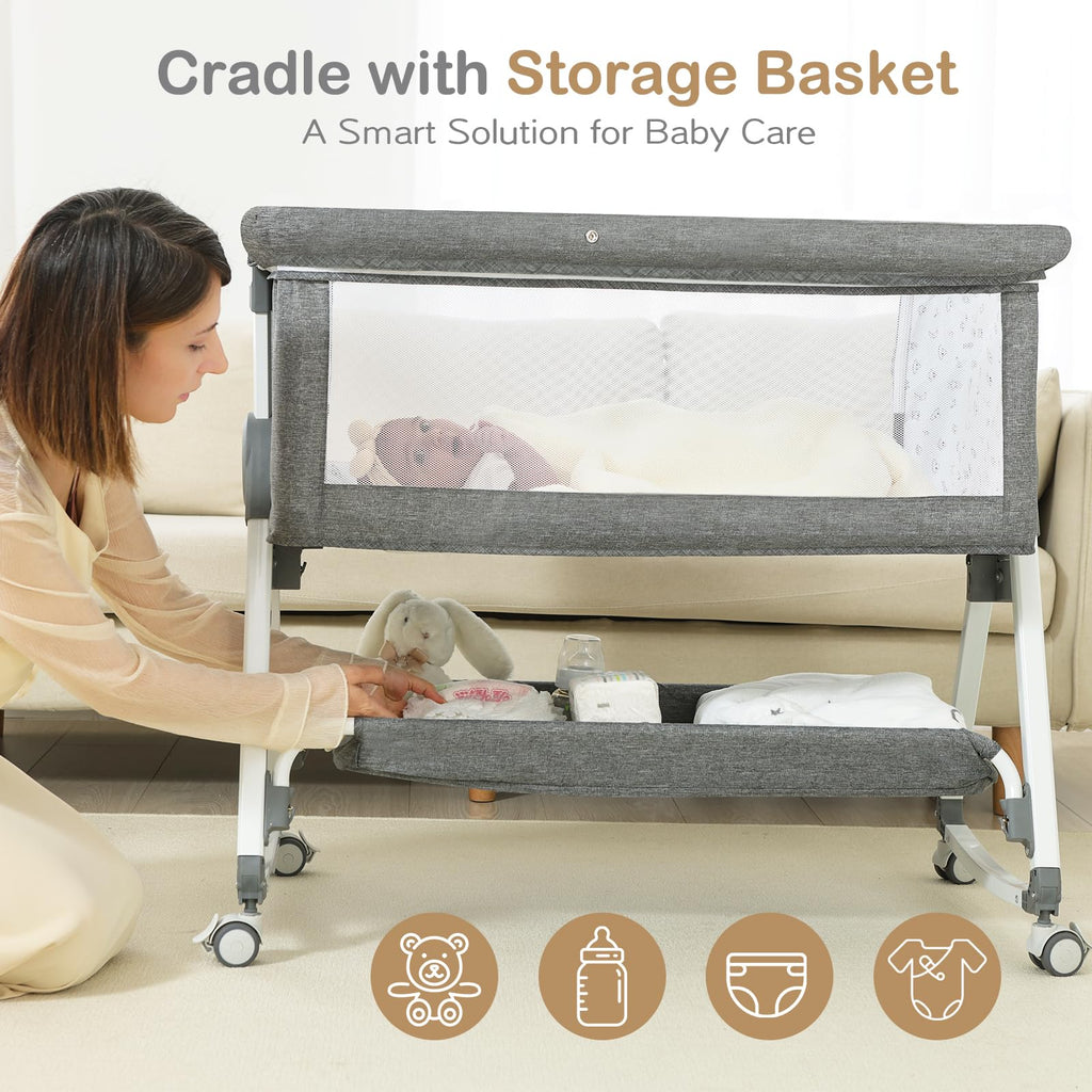 Portable Bedside Bassinet with Waterproof Mattress, Grey D877