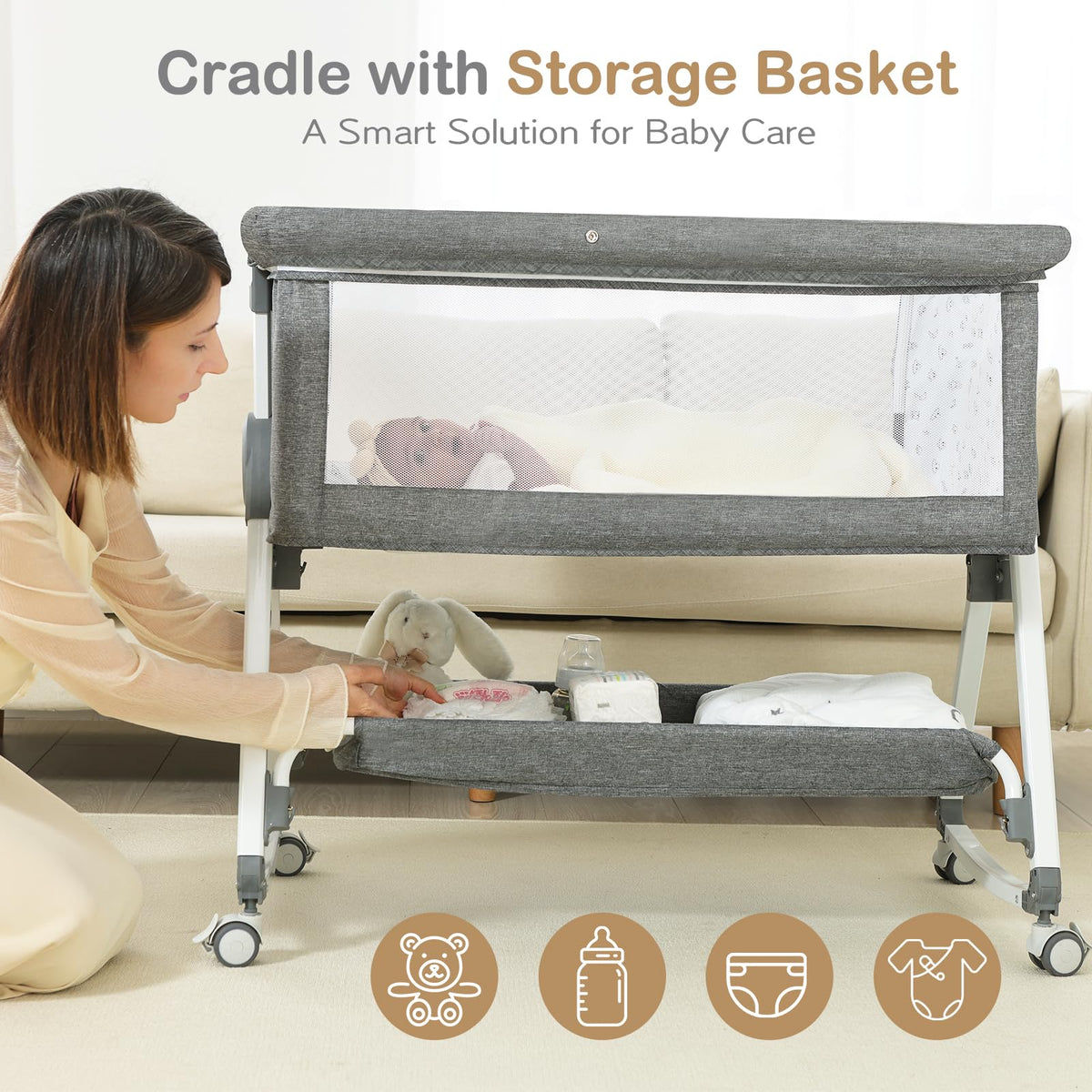 Portable Bedside Bassinet with Waterproof Mattress, Grey D877