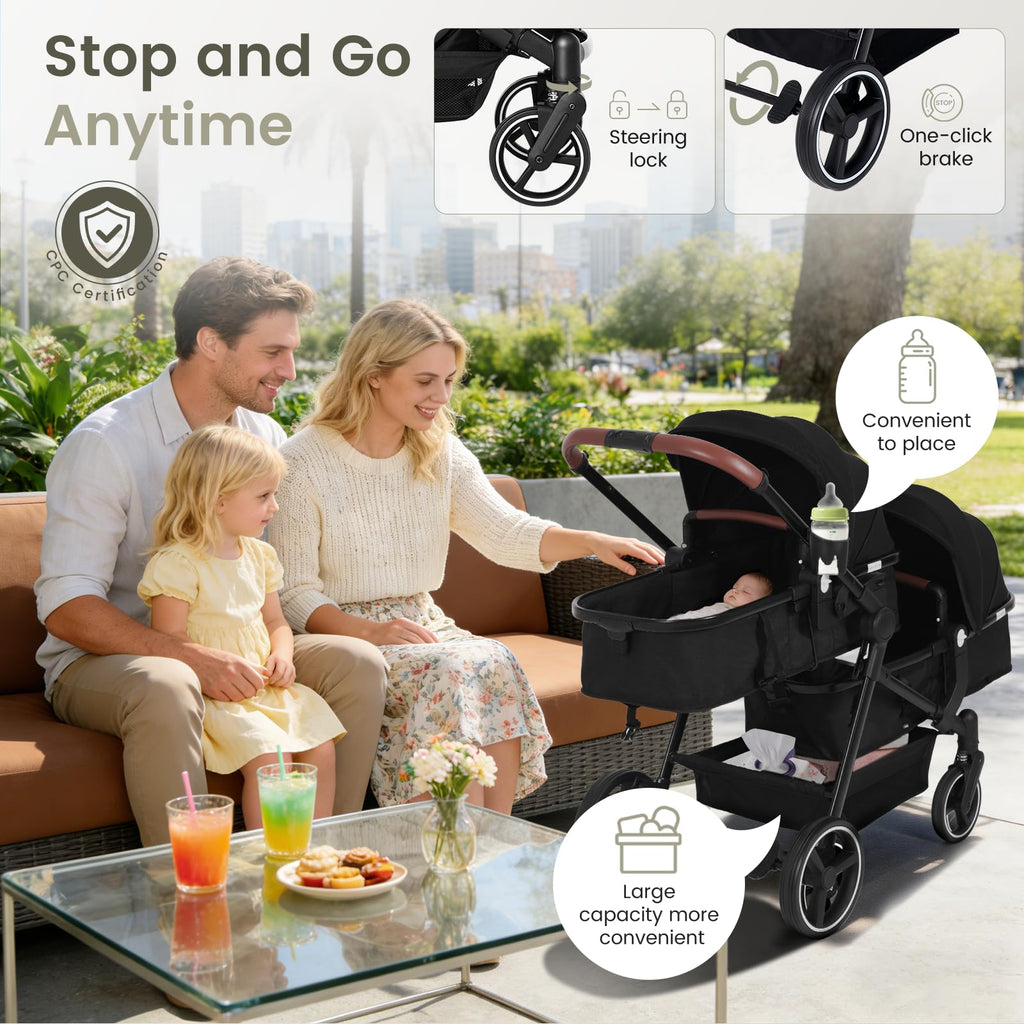 Foldable Tandem Double Stroller with Storage Basket J9398