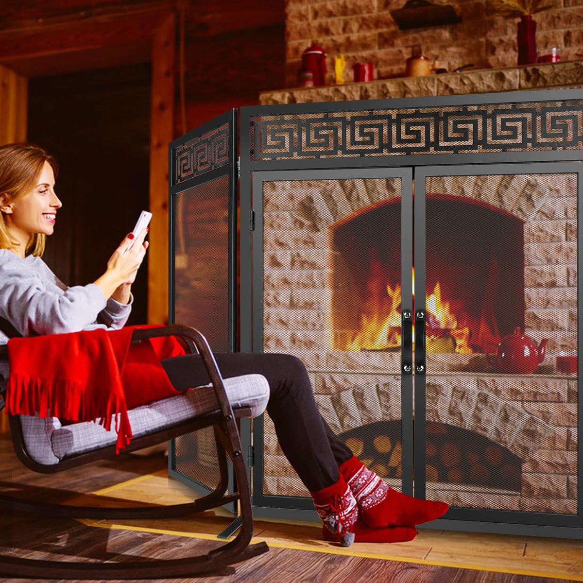 50"x32" Adjustable 3-Panel Fireplace Screen with Doors X2757
