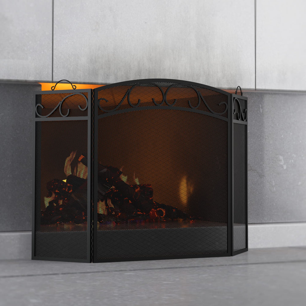 Black 3 Panel Wrought Iron Fireplace Screen B6484