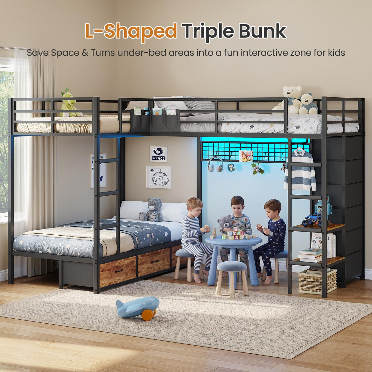 Black Twin Over Twin Triple Bunk Bed with 9 Storage Drawers J4331