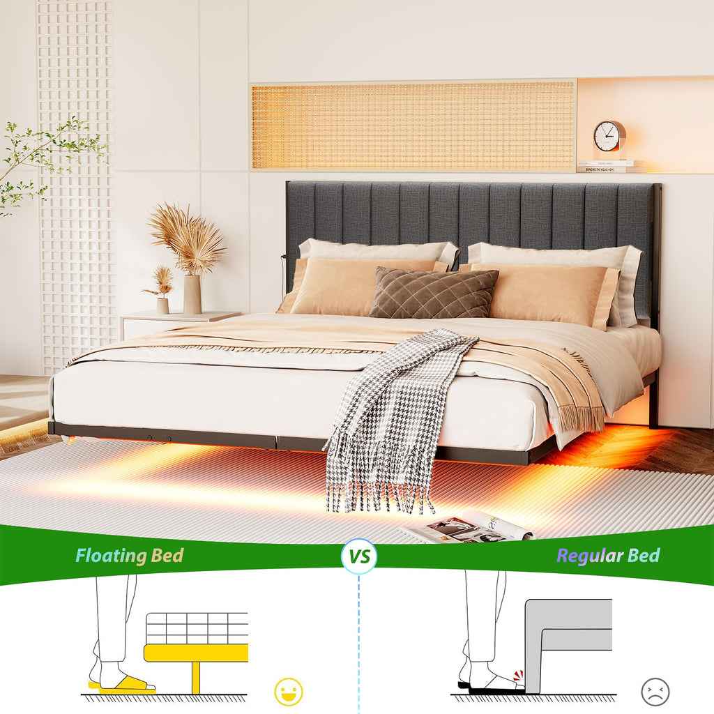 Full Size Metal Platform Bed Frame with LED Lights and Charging Port M62115