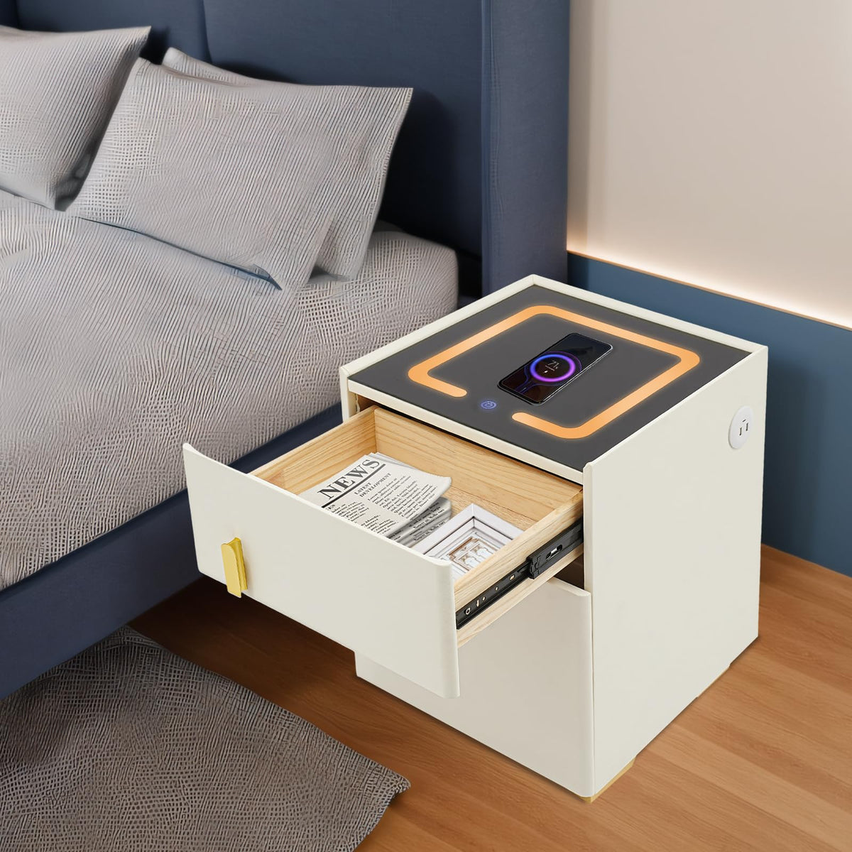 Smart Nightstand with Drawer and Safe, Wireless Charging, LED, USB R194