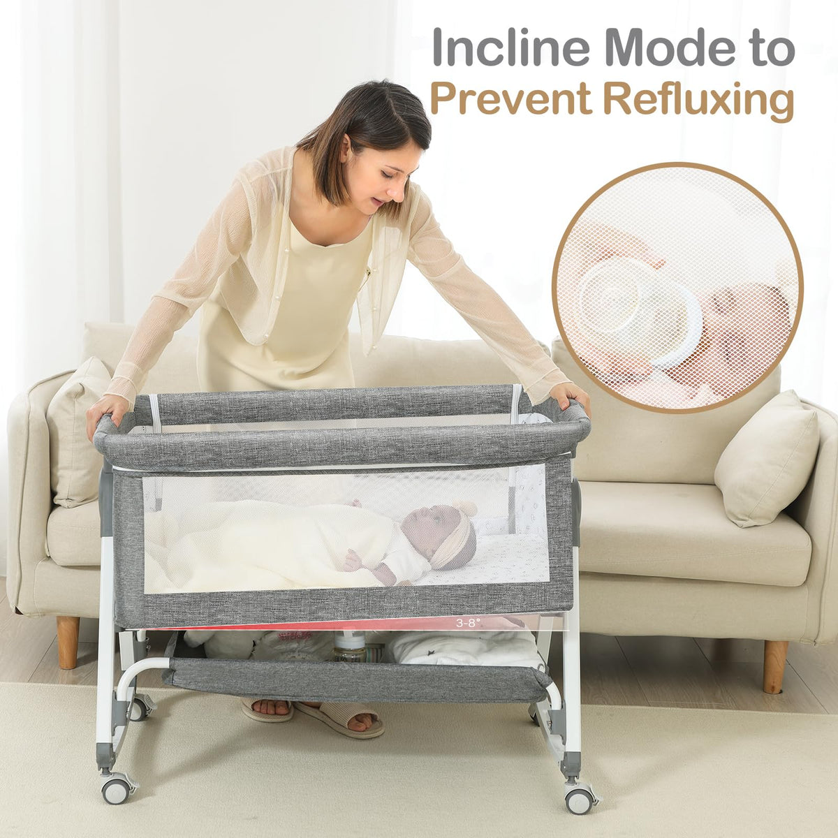 Portable Bedside Bassinet with Waterproof Mattress, Grey D877