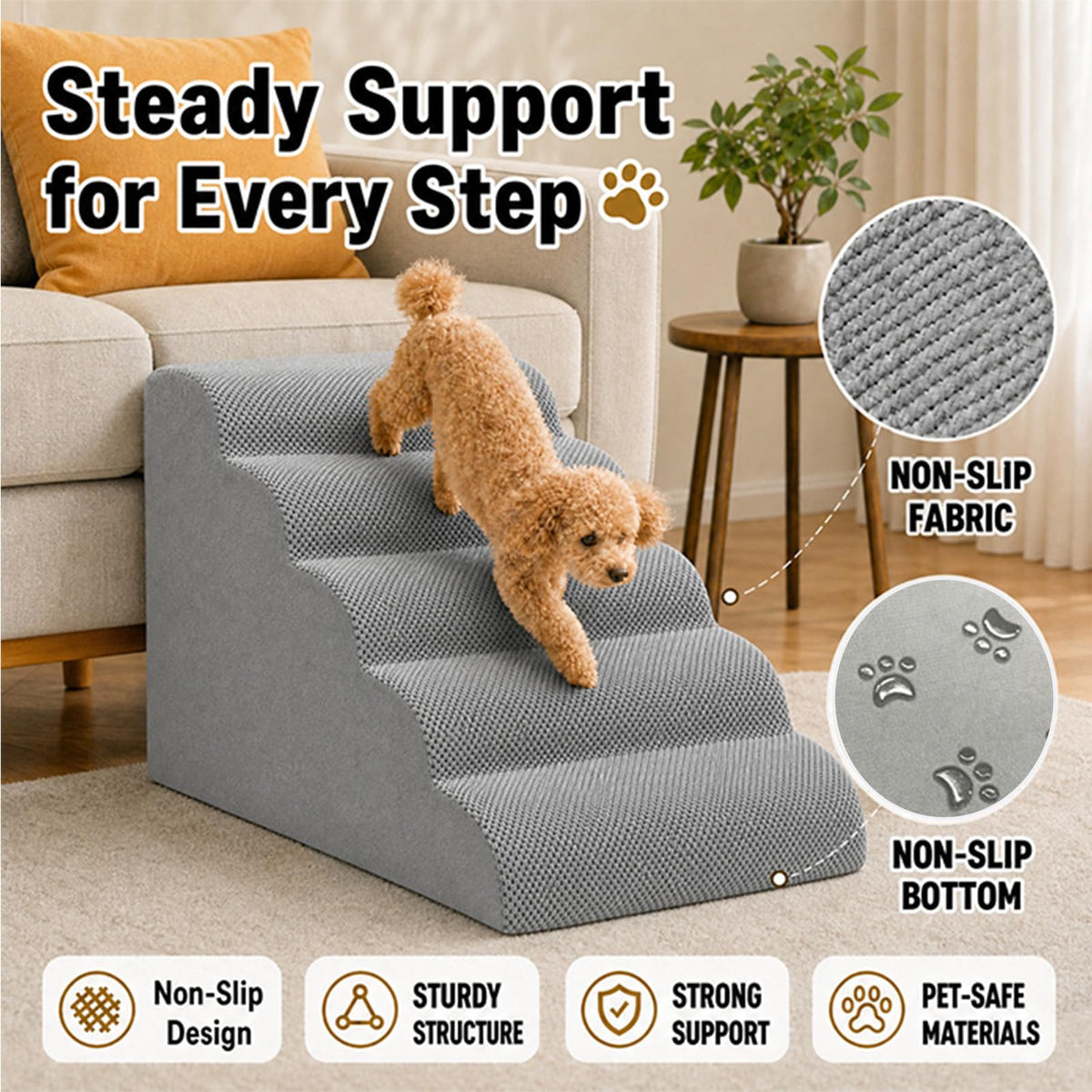 Dog Ramp, Pet Ramp, Dog Stairs, Non-Slip Ladder, 5-Step, Gray U49037