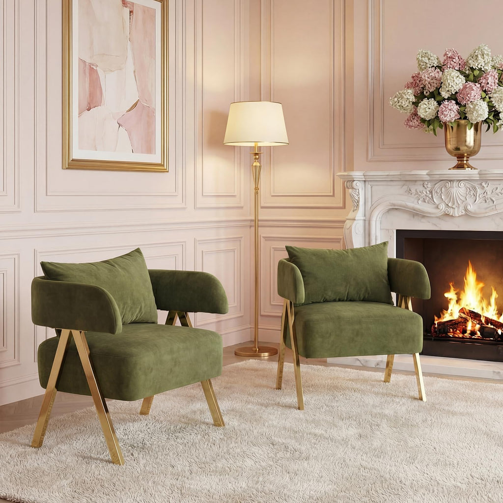 Green Velvet Dining Chairs Set of 2 with Arms U130726