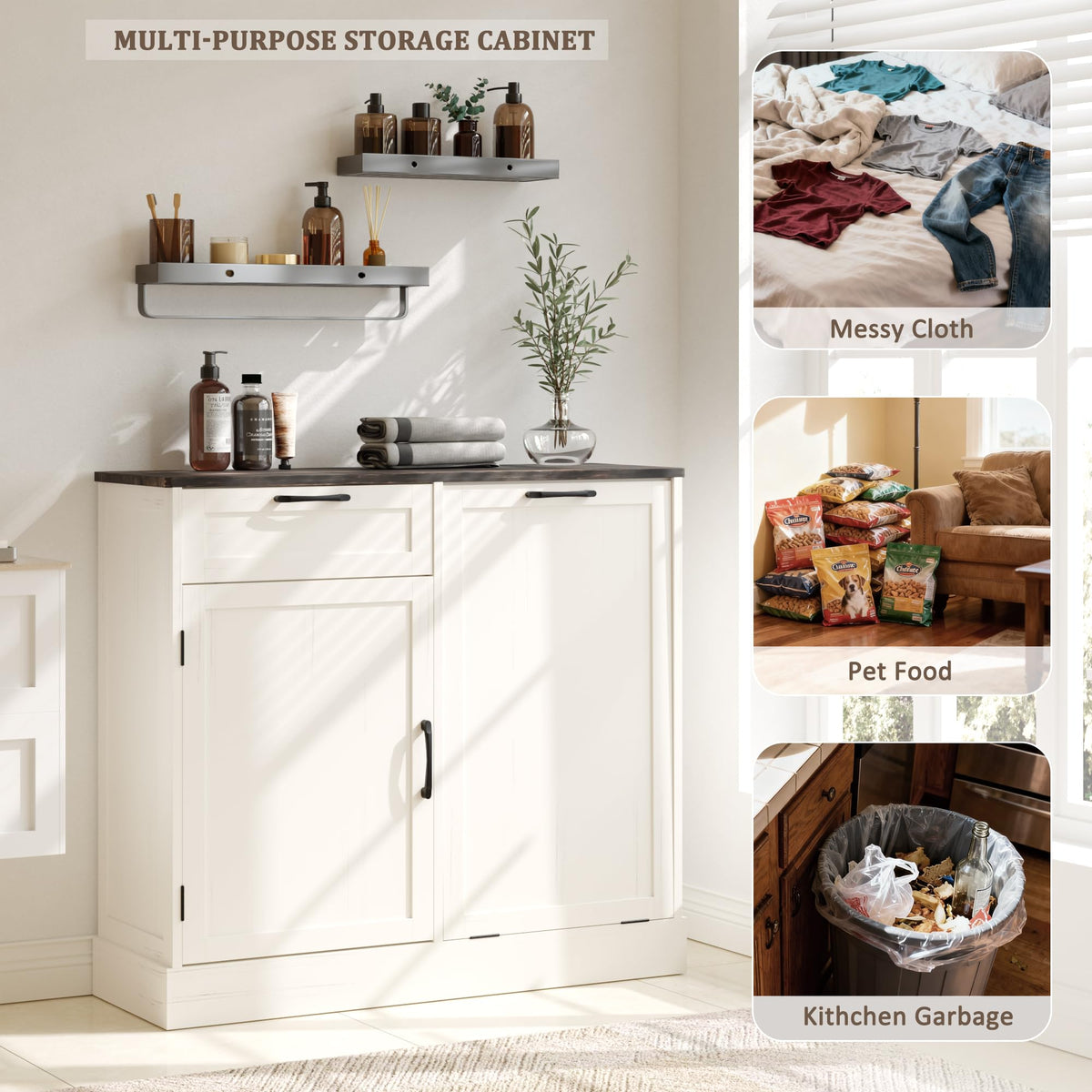 Off-White Tilt Out Trash Can Cabinet J74795