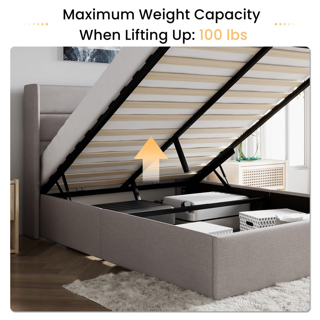 Queen Size Lift Up Hydraulic Storage Bed Frame Light Beige D216023