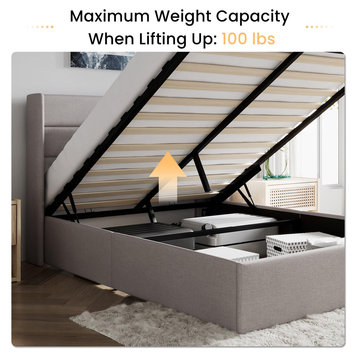 Queen Size Lift Up Hydraulic Storage Bed Frame Light Beige D216023