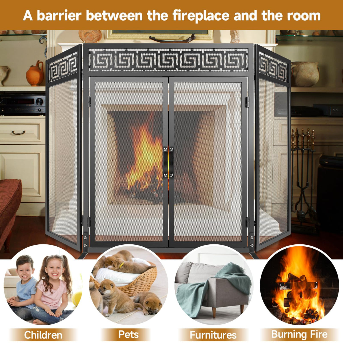 50"x32" Adjustable 3-Panel Fireplace Screen with Doors X2757