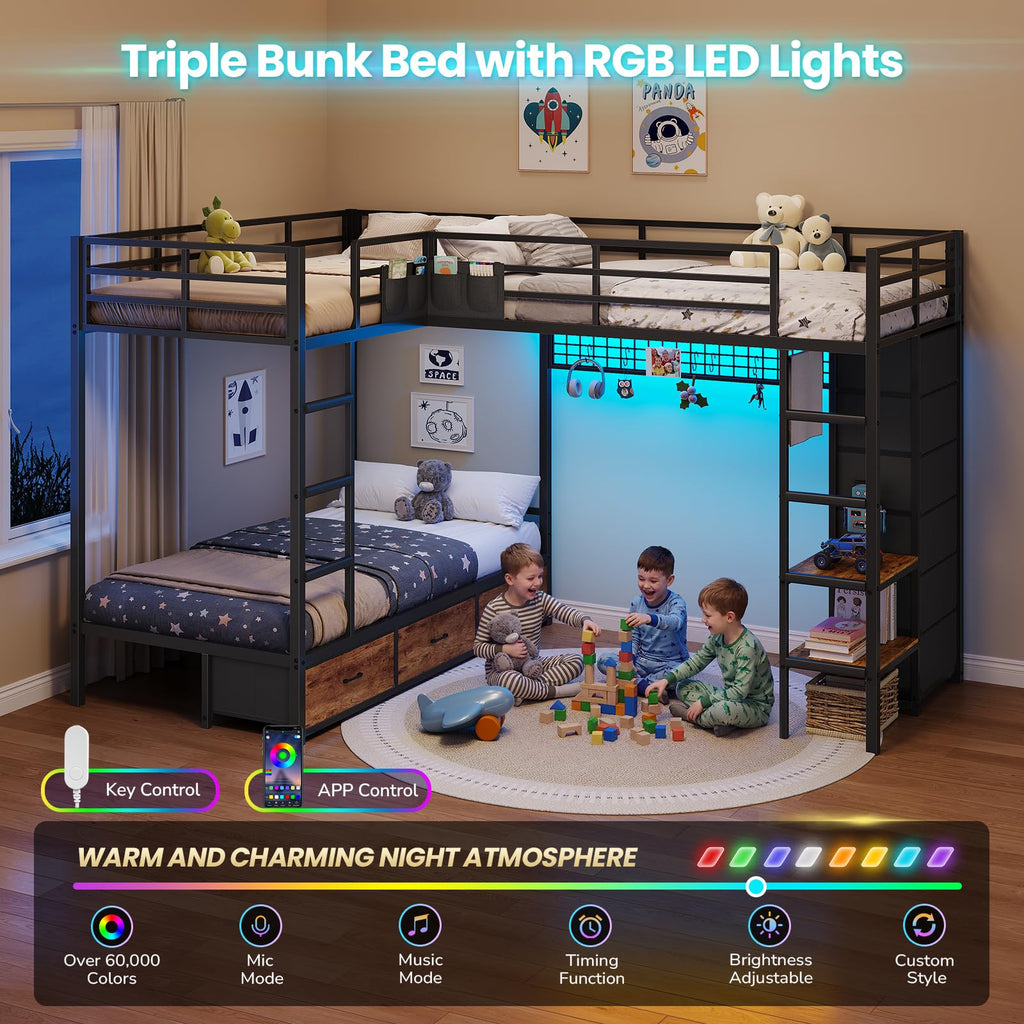 Black Twin Over Twin Triple Bunk Bed with 9 Storage Drawers J4331