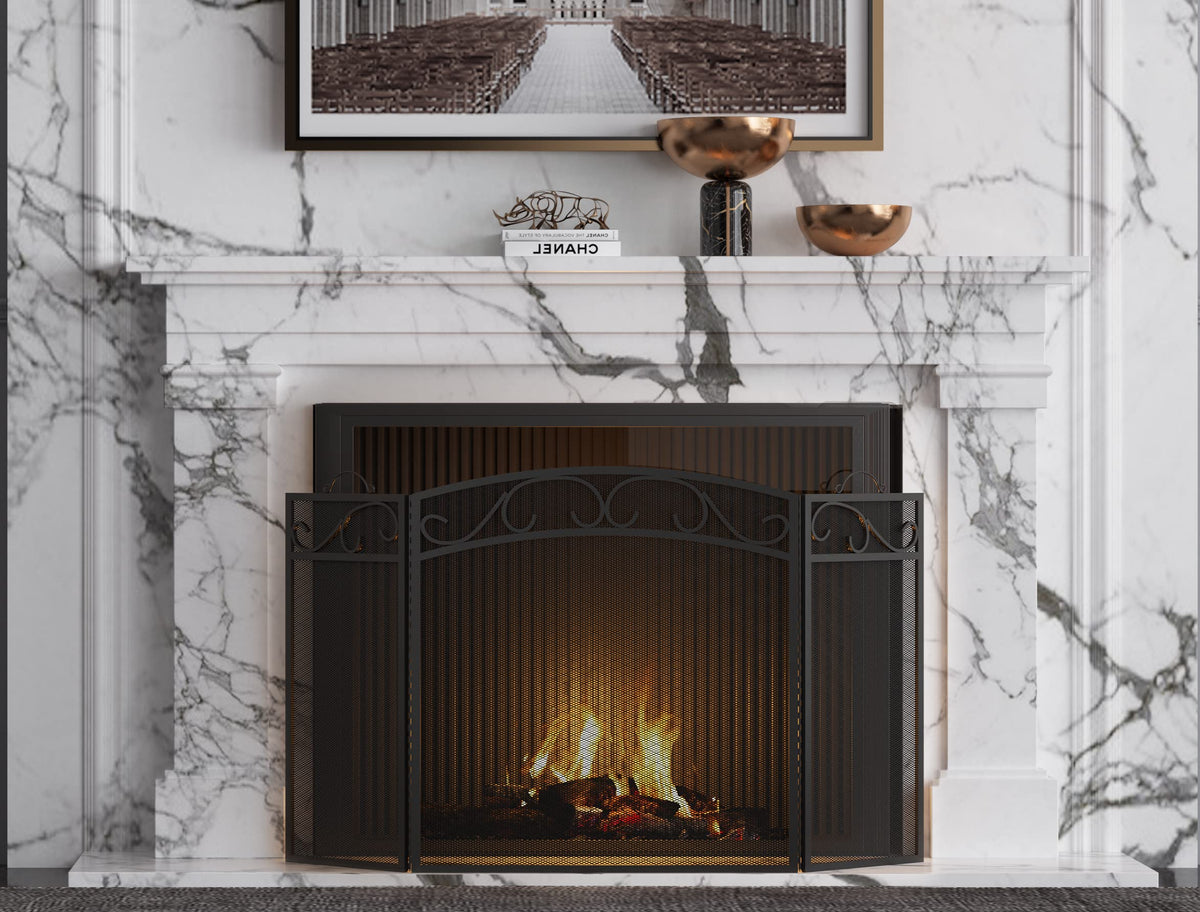 Black 3 Panel Wrought Iron Fireplace Screen B6484
