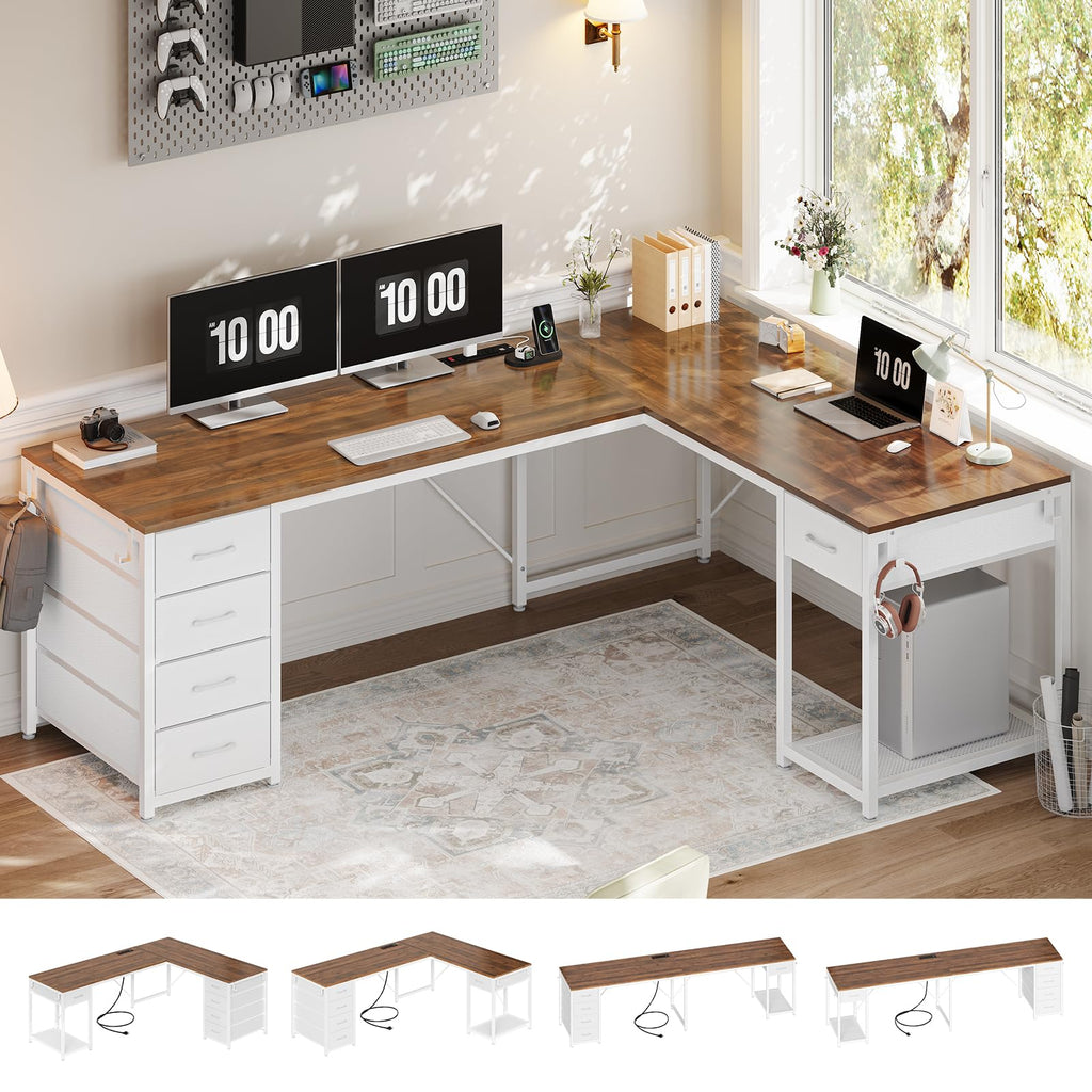 Brown White L Shaped Desk with 5 Drawers E854801