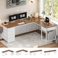 Brown White L Shaped Desk with 5 Drawers E854801