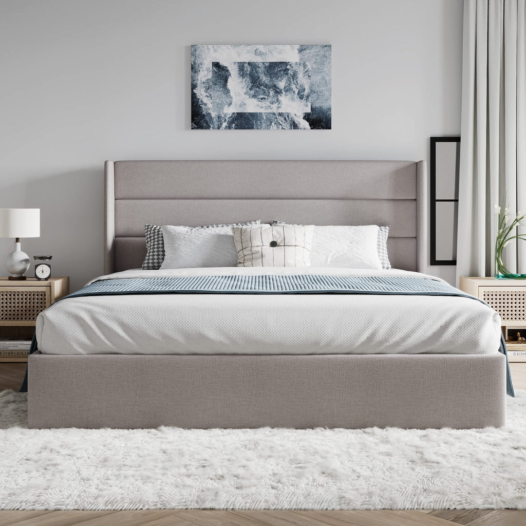 Queen Size Lift Up Hydraulic Storage Bed Frame Light Beige D216023