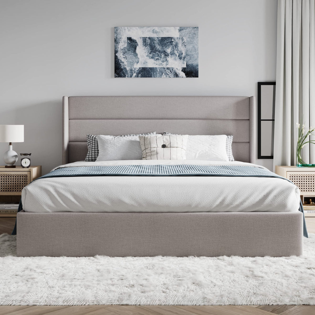 Queen Size Lift Up Hydraulic Storage Bed Frame Light Beige D216023