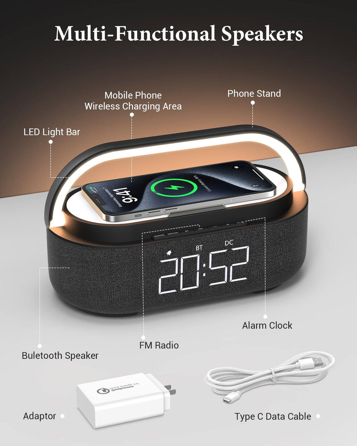 Bluetooth Speaker with Wireless Charger FM Radio LED Light V789